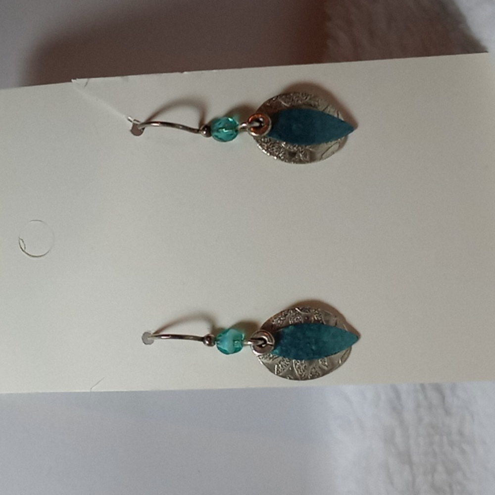 Hook earrings, silver toned layered teal leaf